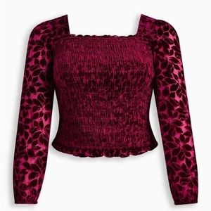 Torrid Velvet Smocked Blouson Sleeve Crop Top Wine Plus Size 0 L 12